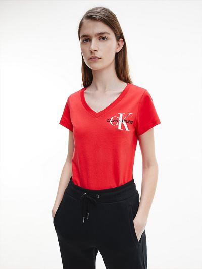 Calvin Klein Ruhák HU453952 | Calvin Klein Organic Cotton V-Neck Logo Női Póló Piros